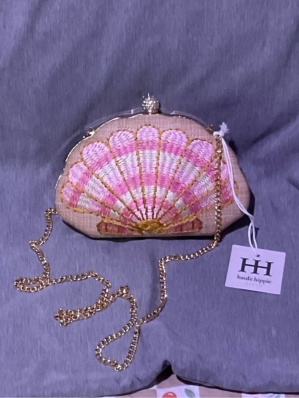 Haute Hippie Pink And Gold Seashell Embroidered Straw Crossbody Clutch NWTS